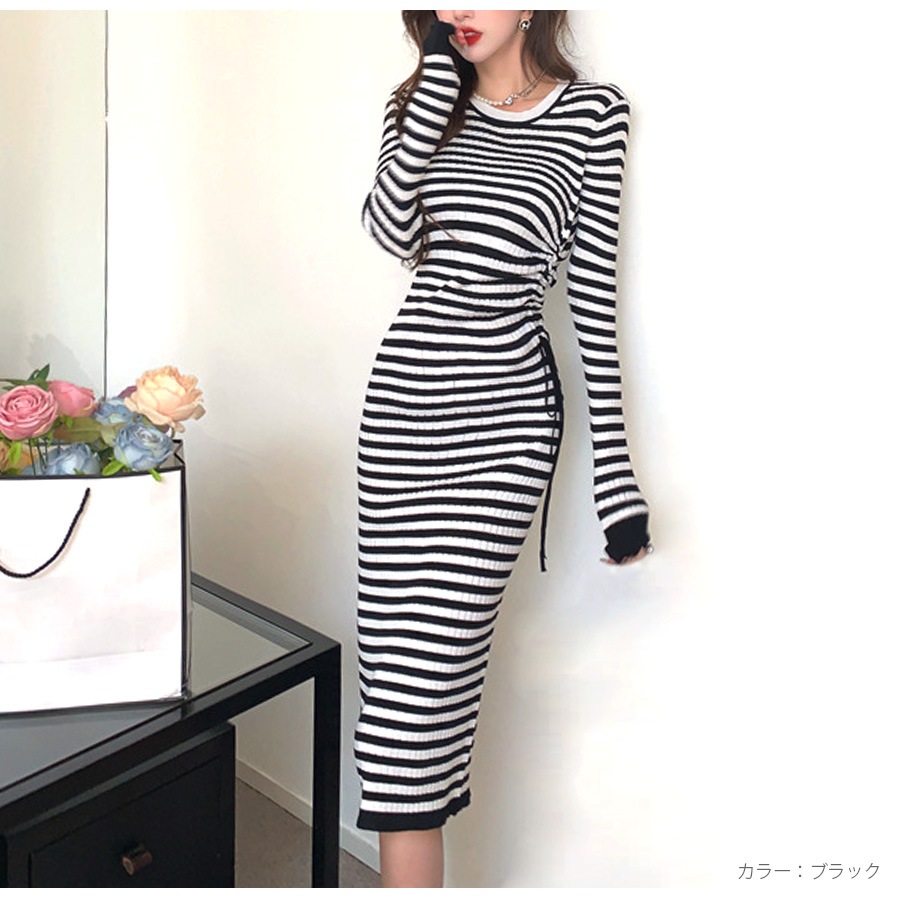 ニットワンピース ボーダー ギャザー ウエストリボン ひざ下丈 長袖　ラウンドネック レディース 春 秋 冬 新作 ブラック グリーン フリーサイズ JOCOSA 9291