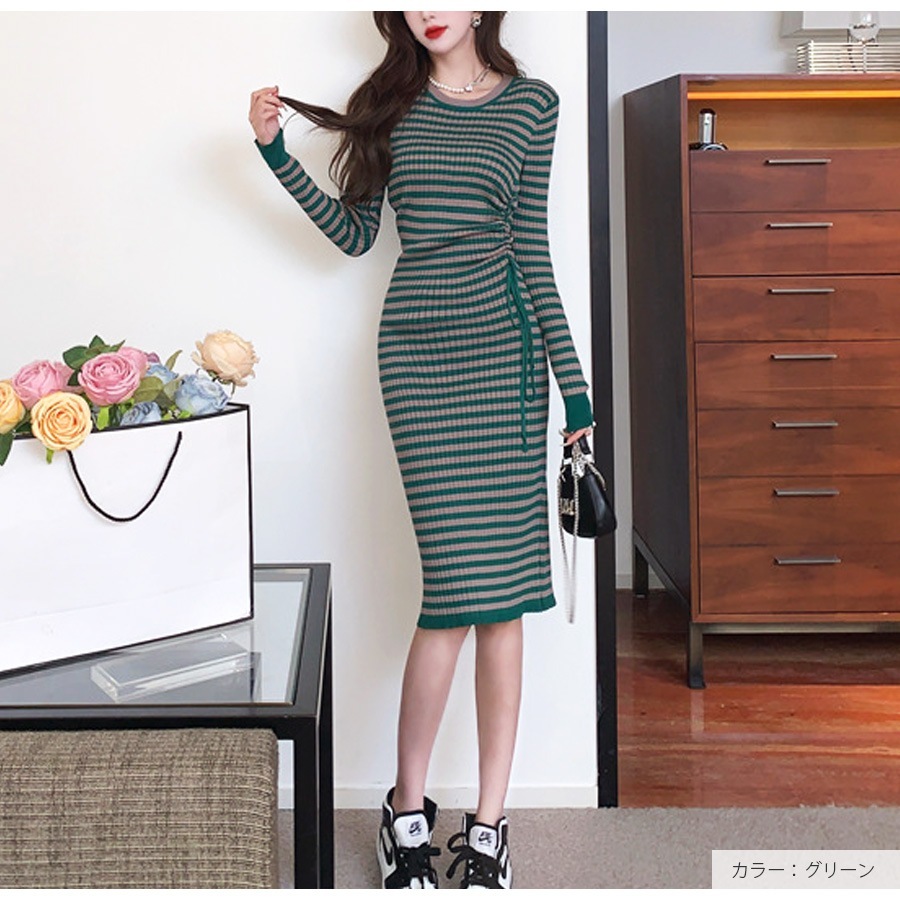 ニットワンピース ボーダー ギャザー ウエストリボン ひざ下丈 長袖　ラウンドネック レディース 春 秋 冬 新作 ブラック グリーン フリーサイズ JOCOSA 9291
