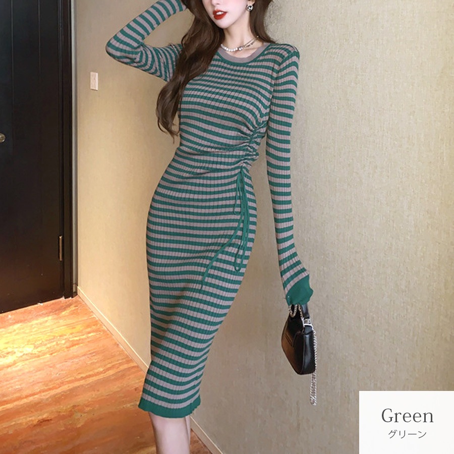 ニットワンピース ボーダー ギャザー ウエストリボン ひざ下丈 長袖　ラウンドネック レディース 春 秋 冬 新作 ブラック グリーン フリーサイズ JOCOSA 9291