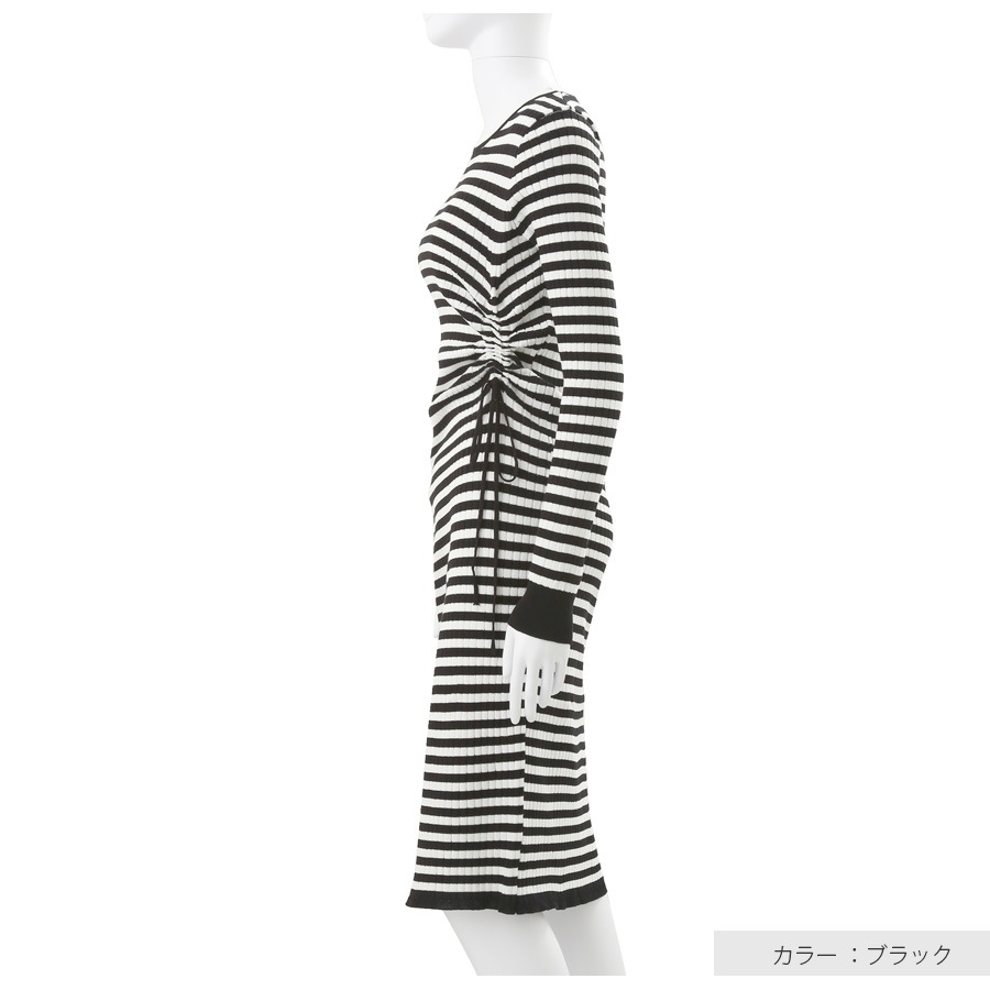 ニットワンピース ボーダー ギャザー ウエストリボン ひざ下丈 長袖　ラウンドネック レディース 春 秋 冬 新作 ブラック グリーン フリーサイズ JOCOSA 9291