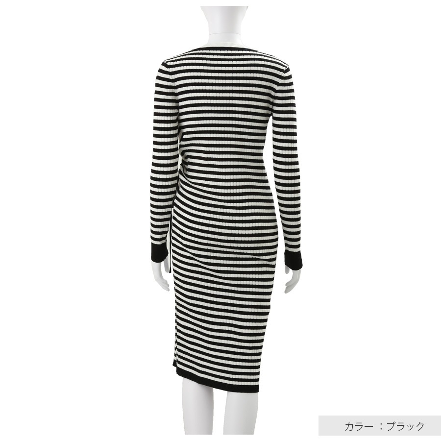 ニットワンピース ボーダー ギャザー ウエストリボン ひざ下丈 長袖　ラウンドネック レディース 春 秋 冬 新作 ブラック グリーン フリーサイズ JOCOSA 9291