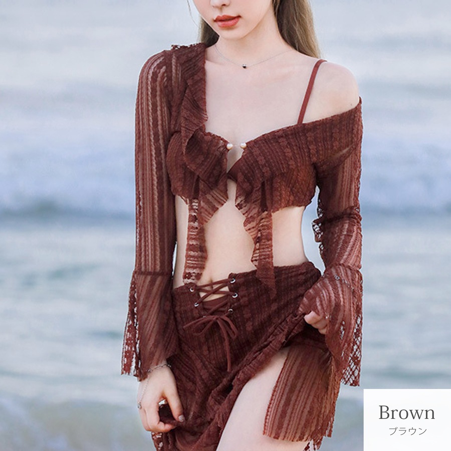 ビーチウェア  ビキニカバー 水着 レディース 3点セット 透け ラッシュガード レース セパレート 体型カバー カバーアップ フレアスリーブ 長袖 パッド ブラック アイボリー ブラウン M L JOCOSA 9826