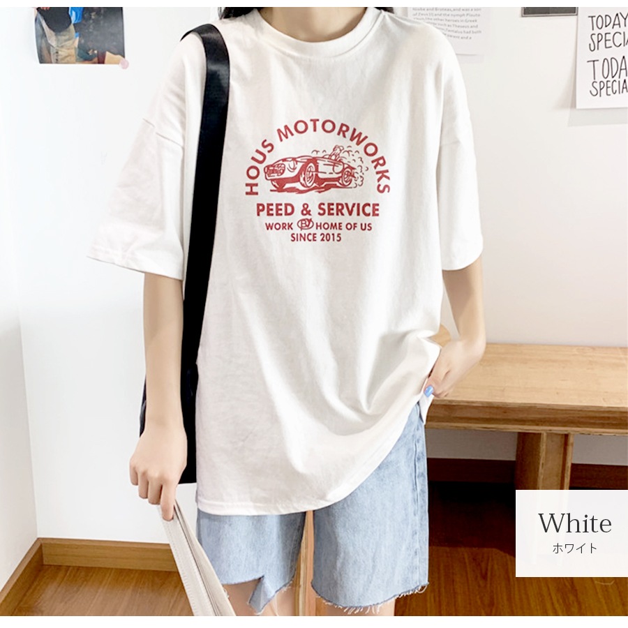 ロゴ Tシャツ オーバーサイズ 半袖 トップス シャツ カットソー ゆったり 秋 夏 春 ラウンドネック シンプル カジュアル ストリート スポーティ ルームウェア 無地 韓国ファッション 大人 レディース ホワイト ダークグレー M L JOCOSA 7145