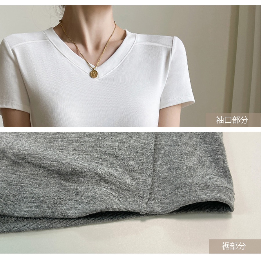 トップス 半袖 Vネック 伸縮 エッジライン スリム 韓国ファッション レディース S M L JOCOSA 7265