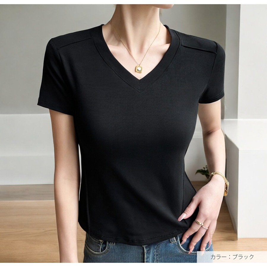 トップス 半袖 Vネック 伸縮 エッジライン スリム 韓国ファッション レディース S M L JOCOSA 7265