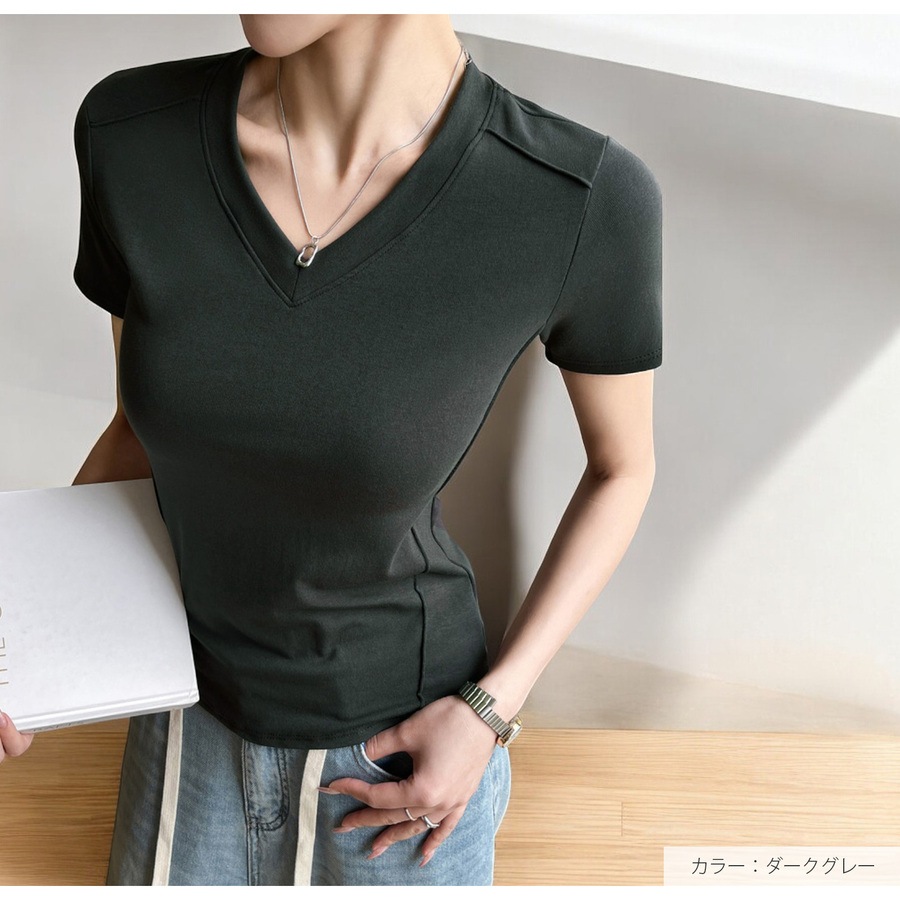 トップス 半袖 Vネック 伸縮 エッジライン スリム 韓国ファッション レディース S M L JOCOSA 7265