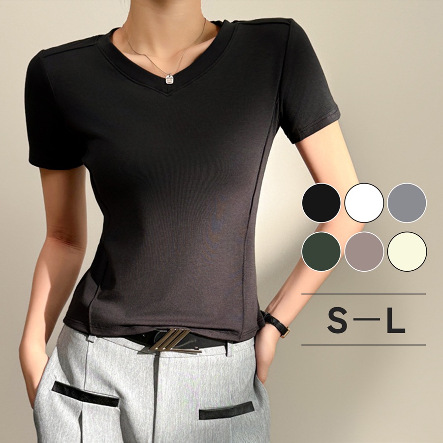 トップス 半袖 Vネック 伸縮 エッジライン スリム 韓国ファッション レディース S M L JOCOSA 7265