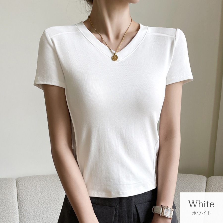 トップス 半袖 Vネック 伸縮 エッジライン スリム 韓国ファッション レディース S M L JOCOSA 7265