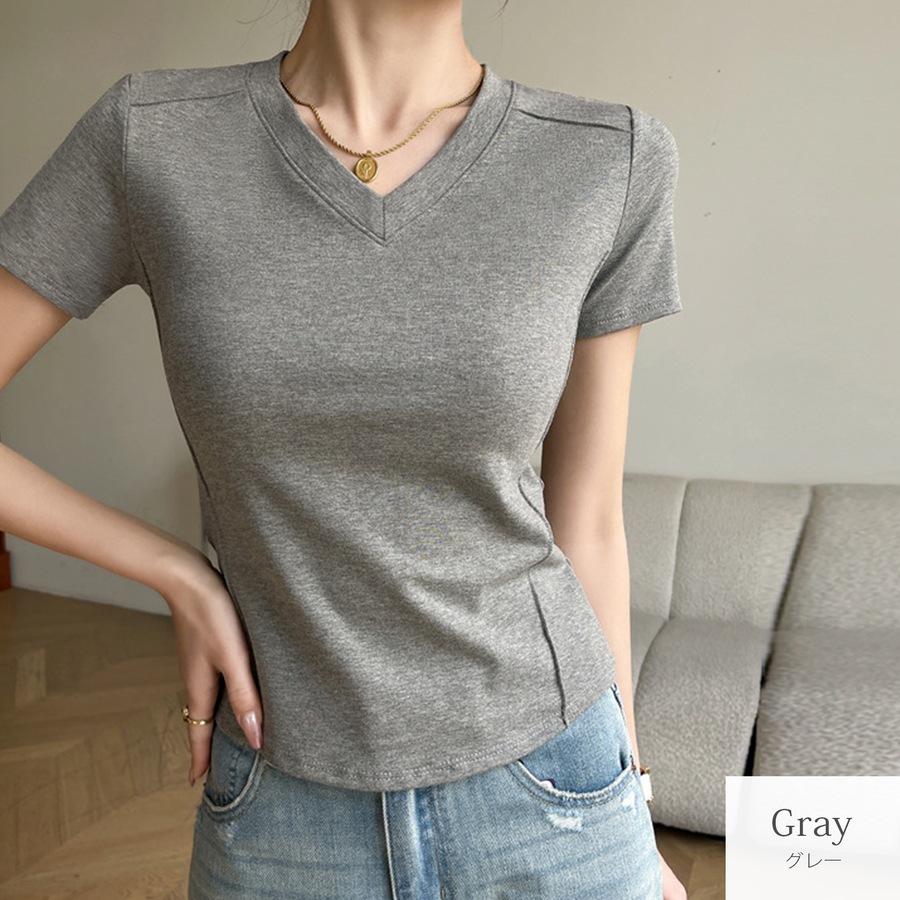 トップス 半袖 Vネック 伸縮 エッジライン スリム 韓国ファッション レディース S M L JOCOSA 7265