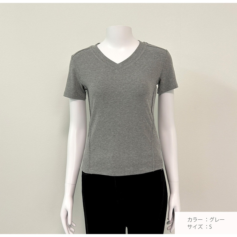 トップス 半袖 Vネック 伸縮 エッジライン スリム 韓国ファッション レディース S M L JOCOSA 7265