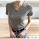 トップス 半袖 Vネック 伸縮 エッジライン スリム 韓国ファッション レディース S M L JOCOSA 7265