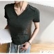 トップス 半袖 Vネック 伸縮 エッジライン スリム 韓国ファッション レディース S M L JOCOSA 7265
