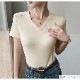 トップス 半袖 Vネック 伸縮 エッジライン スリム 韓国ファッション レディース S M L JOCOSA 7265