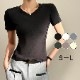 トップス 半袖 Vネック 伸縮 エッジライン スリム 韓国ファッション レディース S M L JOCOSA 7265