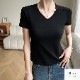 トップス 半袖 Vネック 伸縮 エッジライン スリム 韓国ファッション レディース S M L JOCOSA 7265