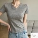 トップス 半袖 Vネック 伸縮 エッジライン スリム 韓国ファッション レディース S M L JOCOSA 7265