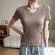トップス 半袖 Vネック 伸縮 エッジライン スリム 韓国ファッション レディース S M L JOCOSA 7265
