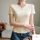 トップス 半袖 Vネック 伸縮 エッジライン スリム 韓国ファッション レディース S M L JOCOSA 7265