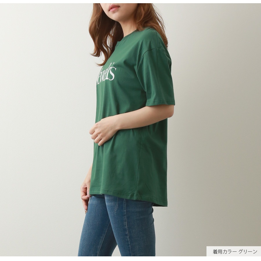 ロゴTシャツ プリント オーバーサイズ 半袖 Uネック ロゴ 韓国ファッション レディース 春 夏 秋 新作 ブラック ホワイト グレー グリーン M L XL JOCOSA 7203