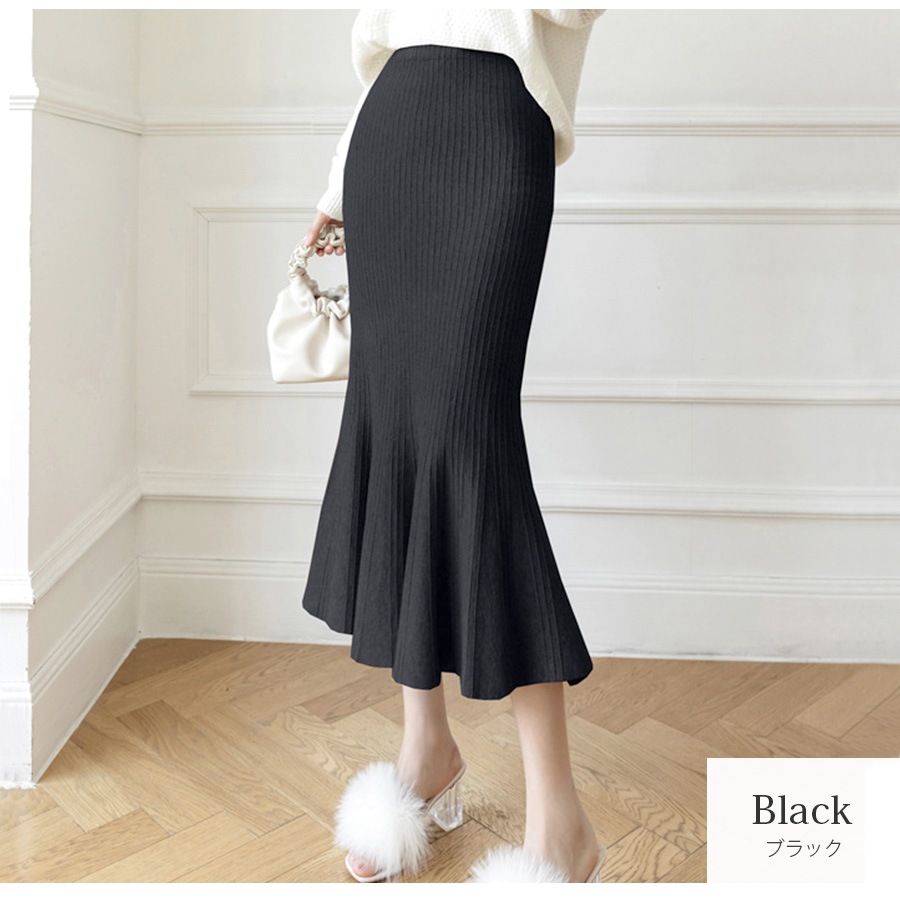 ニットスカート マーメイド ミディ丈 オフィス カジュアル きれいめ 上品 ウエストゴム 韓国ファッション レディース 新作 春 秋 冬 ブラック 黒 ベージュ 茶 ブラウン アイボリーフリーサイズ JOCOSA 9116