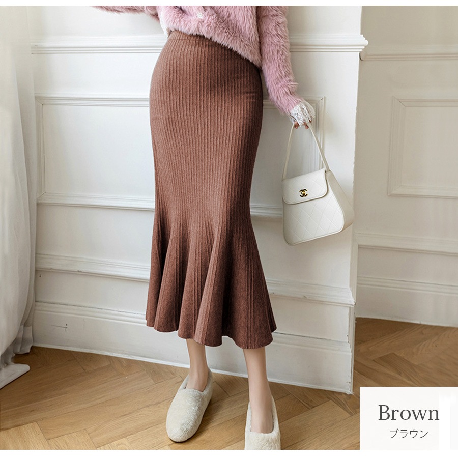 ニットスカート マーメイド ミディ丈 オフィス カジュアル きれいめ 上品 ウエストゴム 韓国ファッション レディース 新作 春 秋 冬 ブラック 黒 ベージュ 茶 ブラウン アイボリーフリーサイズ JOCOSA 9116