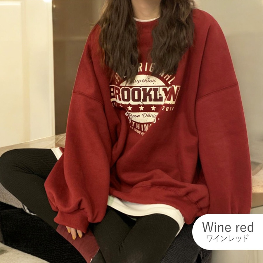 スウェット 裏起毛 ロゴ トレーナー トップス 長袖 韓国ファッション ストリート オーバーサイズ 大きいサイズ ギャル プルオーバー クルーネック レディース 秋 冬 新作 黒 ブラック グレー 灰 ワインレッド 赤 ベージュ 茶 グリーン 緑 ブルー 青 M L XL JOCOSA 7168