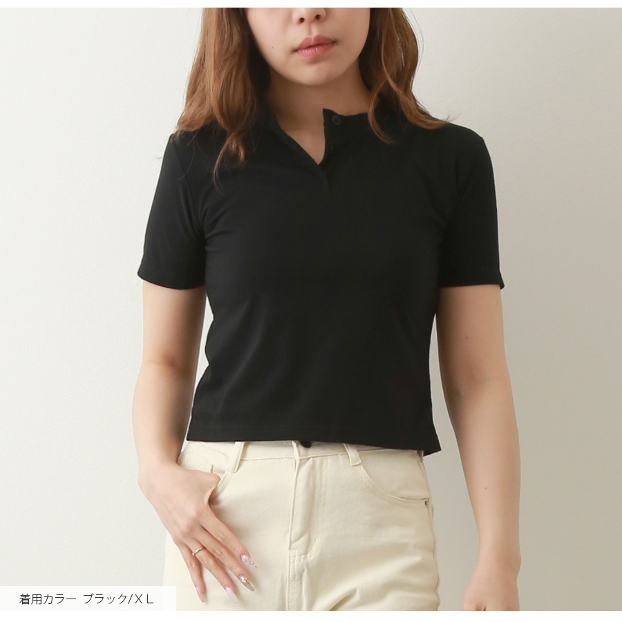 ヘンリーネックシャツ 定番 ショート丈 半袖 ボタン 前立て トップス 韓国ファッション レディース 春 夏 秋 新作 ブラック ホワイト グレー M L XL JOCOSA 7208