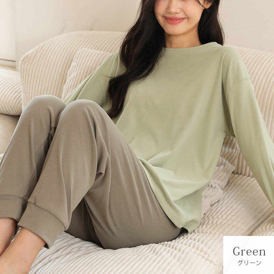 ルームウェア セットアップ 2点セット 長袖 パンツ 部屋着 あったか もちもち 無地 春 秋 冬 新作 レディース グリーン ラベンダー アイボリー M L JOCOSA 6219