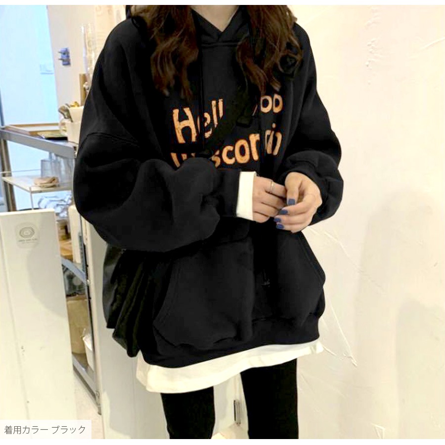 パーカー 裏起毛 ロゴ スウェット フード トレーナー トップス 長袖 韓国ファッション ストリート カジュアル オーバーサイズ 大きいサイズ ギャル プルオーバー レディース 秋 冬 新作 ブラック ダークグレー オレンジ M L XL JOCOSA 7169