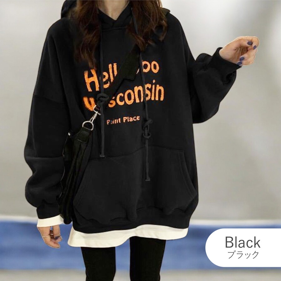 パーカー 裏起毛 ロゴ スウェット フード トレーナー トップス 長袖 韓国ファッション ストリート カジュアル オーバーサイズ 大きいサイズ ギャル プルオーバー レディース 秋 冬 新作 ブラック ダークグレー オレンジ M L XL JOCOSA 7169