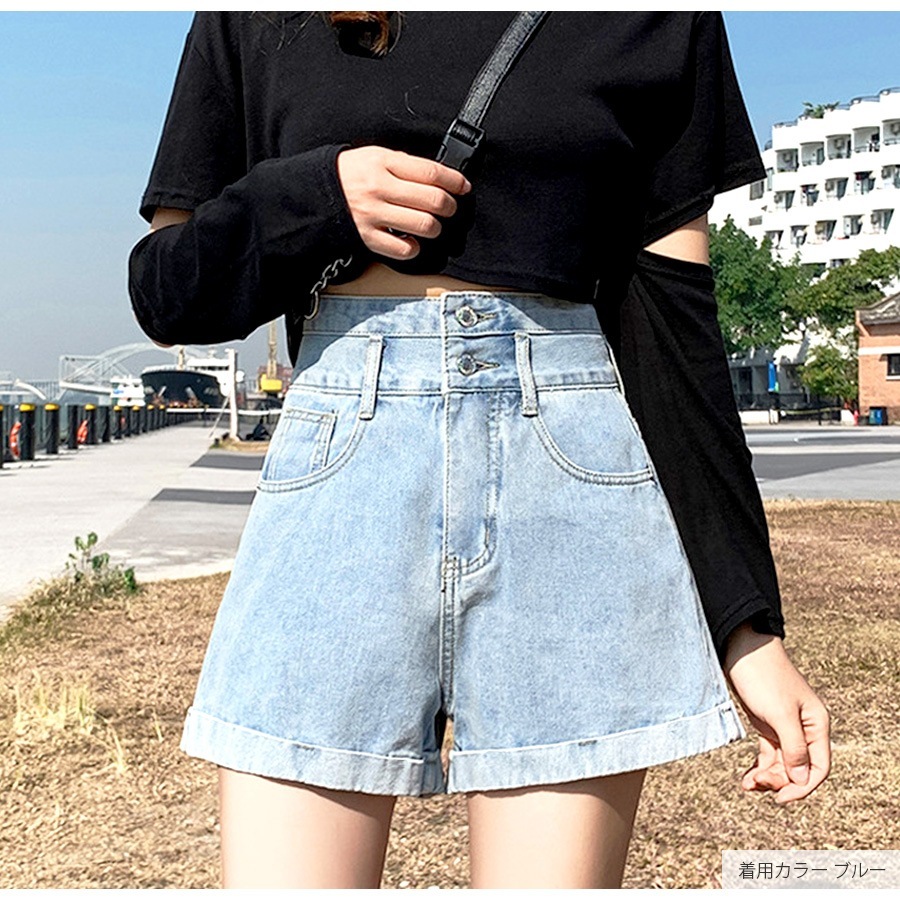 ショートパンツ デニム ハイウエスト ダブルボタン ロールアップ ポケット カジュアル シンプル セクシー ストリート 無地 アウトドア お出かけ デート 韓国ファッション レディース 新作 春 夏 秋 ブラック 黒 ホワイト 白 ダークグレー ブルー 青 S M L XL JOCOSA 9101