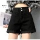 ショートパンツ デニム ハイウエスト ダブルボタン ロールアップ ポケット カジュアル シンプル セクシー ストリート 無地 アウトドア お出かけ デート 韓国ファッション レディース 新作 春 夏 秋 ブラック 黒 ホワイト 白 ダークグレー ブルー 青 S M L XL JOCOSA 9101