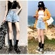 ショートパンツ デニム ハイウエスト ダブルボタン ロールアップ ポケット カジュアル シンプル セクシー ストリート 無地 アウトドア お出かけ デート 韓国ファッション レディース 新作 春 夏 秋 ブラック 黒 ホワイト 白 ダークグレー ブルー 青 S M L XL JOCOSA 9101