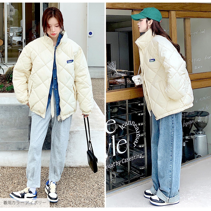 ダウン アウター ブルゾン ダウンジャケット キルティング コート ショート丈 長袖 中綿 あったか 羽織 冬 秋 春 オフィス カジュアル ストリート レトロ 韓国ファッション 大人 レディース 新作 ブラック アイボリー ブルー S M L JOCOSA 8394