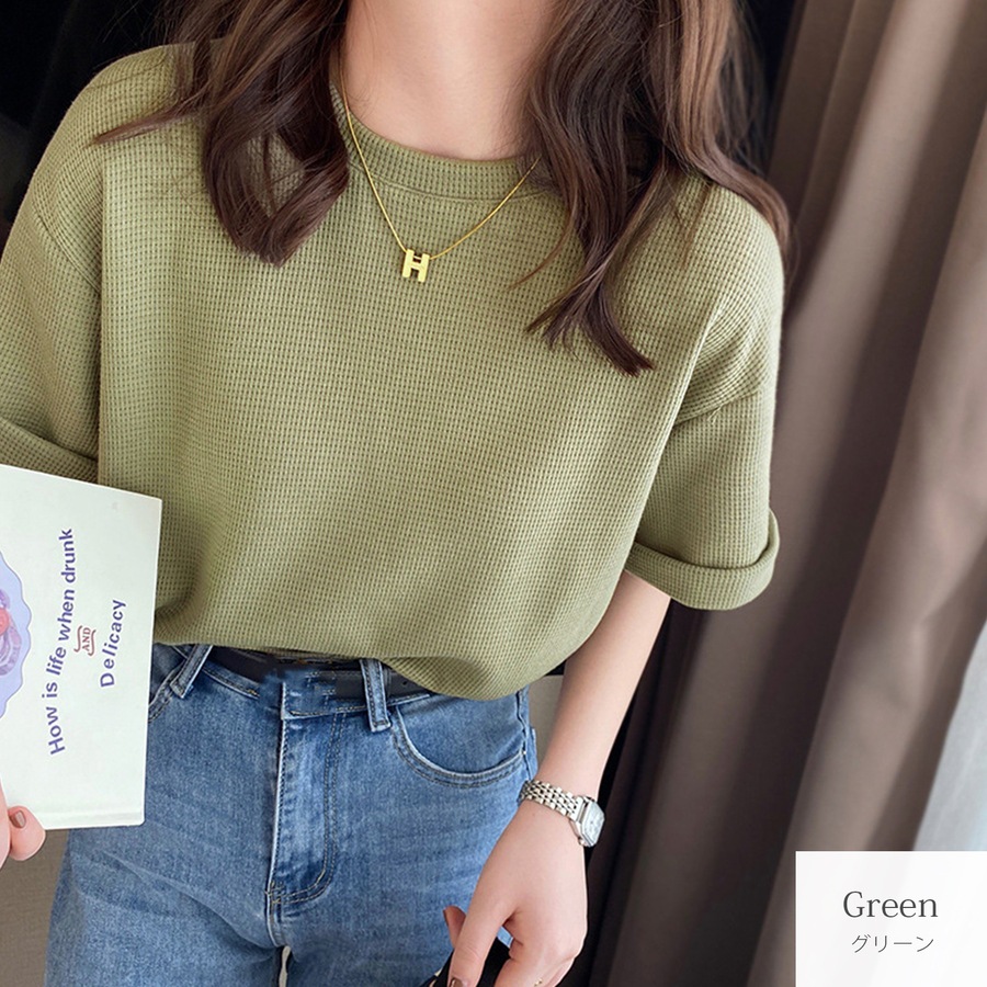 トップス ワッフルニット Tシャツ ルーズフィット クルーネック プルオーバー JOCOSA 7269