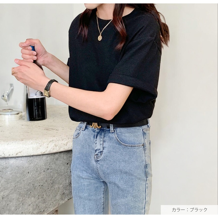 トップス ワッフルニット Tシャツ ルーズフィット クルーネック プルオーバー JOCOSA 7269