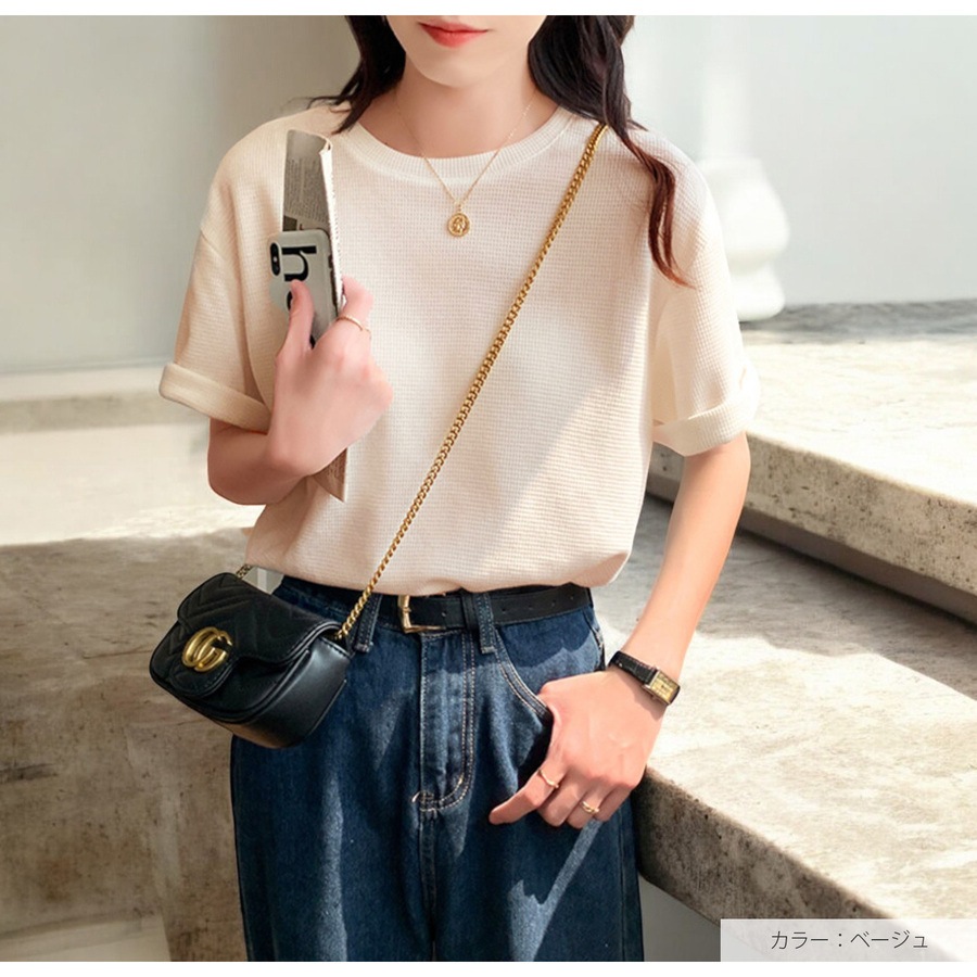 トップス ワッフルニット Tシャツ ルーズフィット クルーネック プルオーバー JOCOSA 7269