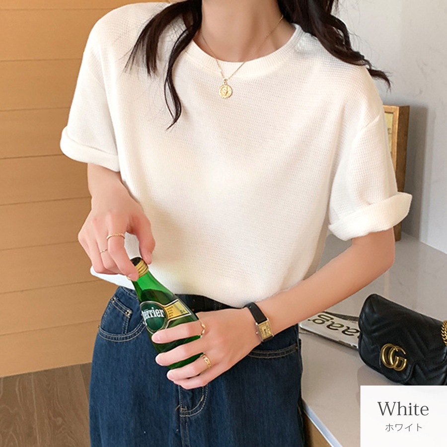 トップス ワッフルニット Tシャツ ルーズフィット クルーネック プルオーバー JOCOSA 7269