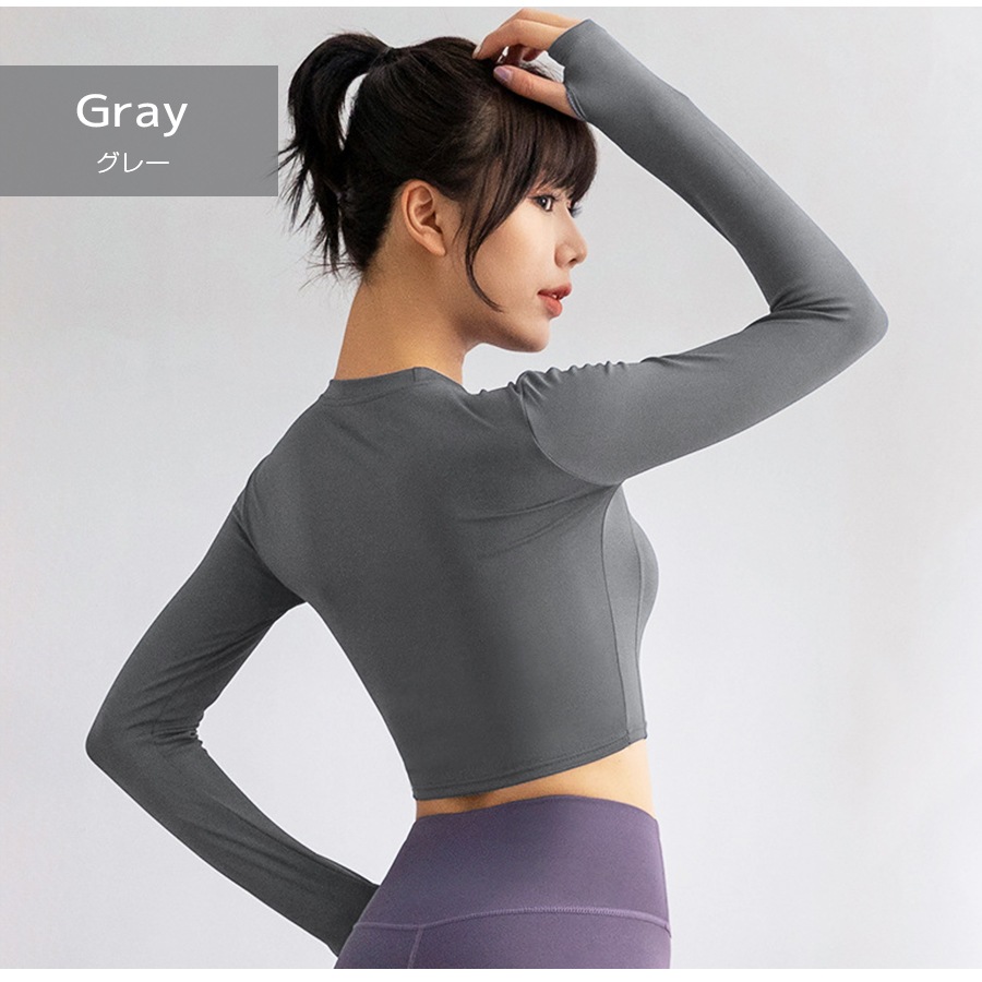 スポーツウェア トップス 長袖 クロップド へそ出し フィットネス ヨガ レディース 韓国ファッション 大人 かわいい おしゃれ シンプル ショート丈 指穴 伸縮 ジム 春 夏 秋 冬 新作 ブラック 黒 ピンク パープル 紫 ネイビー 紺 グレー 灰 ブルー 青 S M L XL JOCOSA 8743