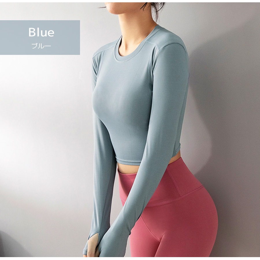 スポーツウェア トップス 長袖 クロップド へそ出し フィットネス ヨガ レディース 韓国ファッション 大人 かわいい おしゃれ シンプル ショート丈 指穴 伸縮 ジム 春 夏 秋 冬 新作 ブラック 黒 ピンク パープル 紫 ネイビー 紺 グレー 灰 ブルー 青 S M L XL JOCOSA 8743