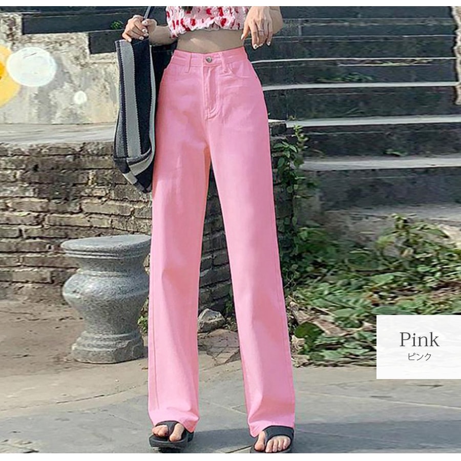 デニムパンツ ハイウエスト ストレート ワイド ハイライズ ロング丈 レディース 春 夏 秋 ブラック グレー ブルー グリーン ベージュ ピンク イエロー S M L XL JOCOSA 9102