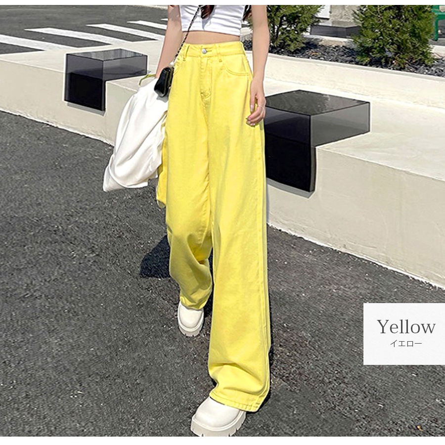 デニムパンツ ハイウエスト ストレート ワイド ハイライズ ロング丈 レディース 春 夏 秋 ブラック グレー ブルー グリーン ベージュ ピンク イエロー S M L XL JOCOSA 9102