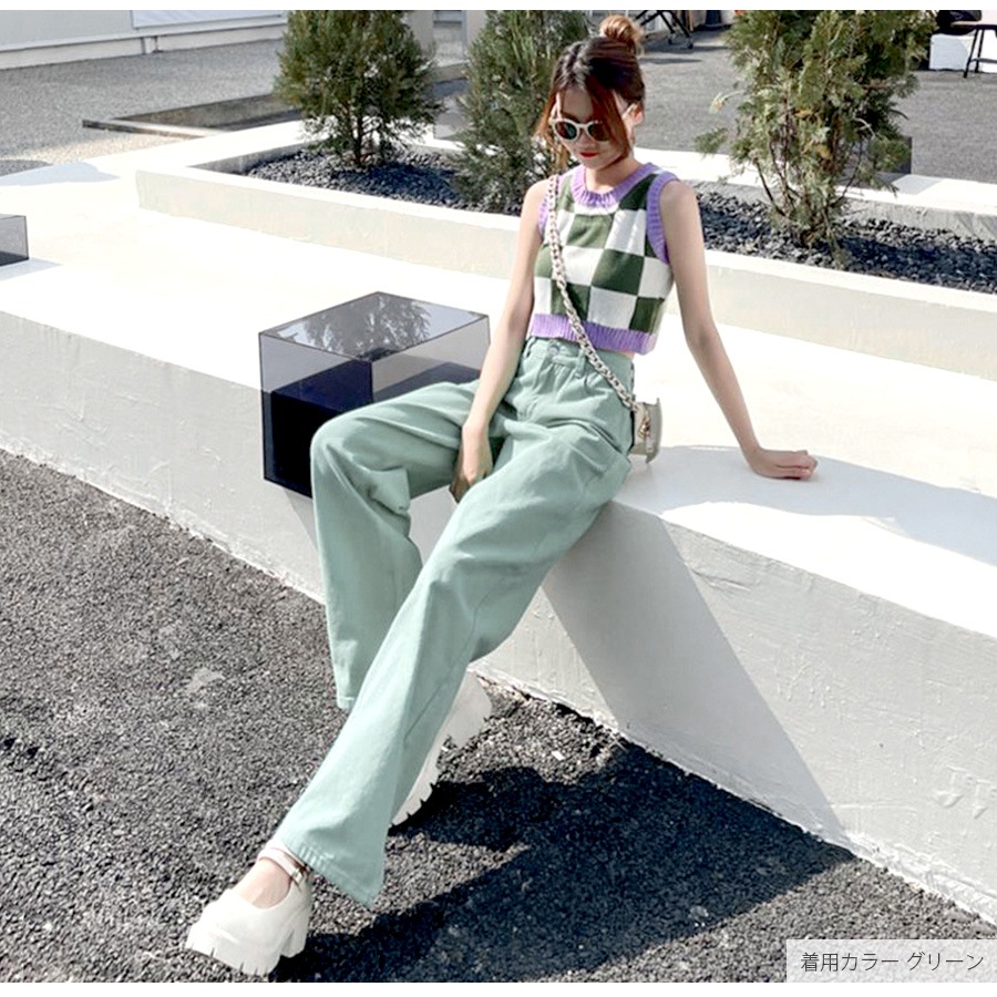 デニムパンツ ハイウエスト ストレート ワイド ハイライズ ロング丈 レディース 春 夏 秋 ブラック グレー ブルー グリーン ベージュ ピンク イエロー S M L XL JOCOSA 9102