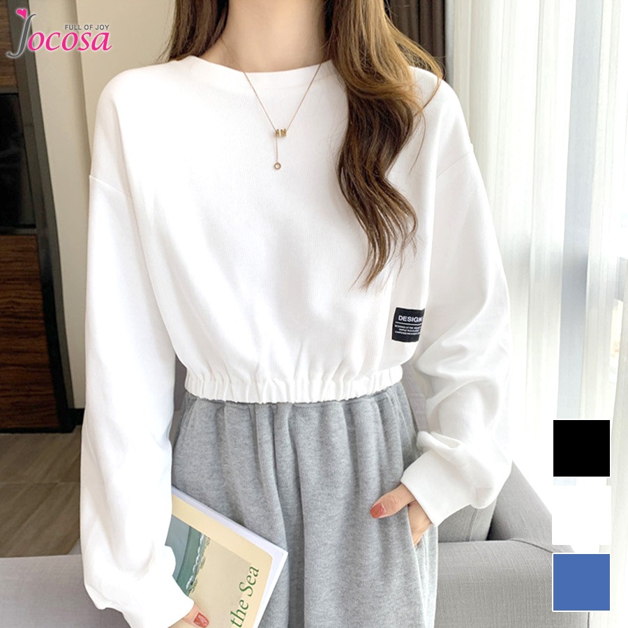 ショート丈トップス ドロップショルダー へそ出し ワンポイント 長袖 クルーネック ウエストゴム 大人 コットン おしゃれ カジュアル シンプル かわいい 韓国 レディース 春夏秋冬 新作 ブラック ホワイト ブルー 黒 白 青 M L JOCOSA 7146