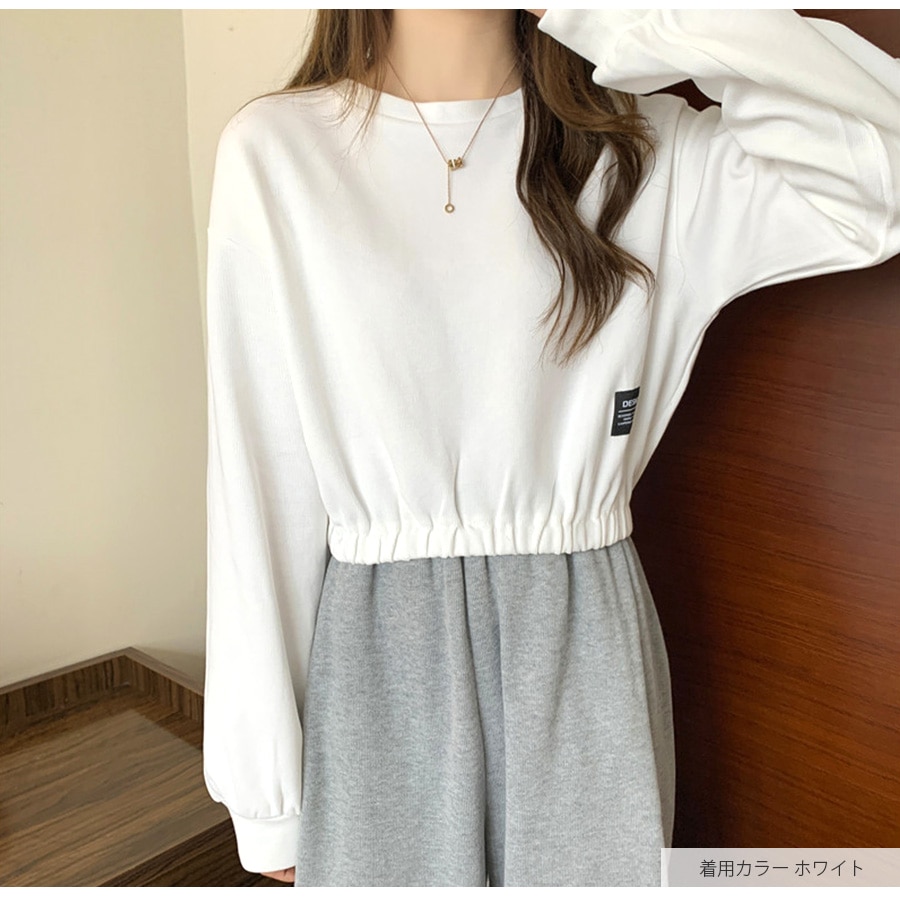ショート丈トップス ドロップショルダー へそ出し ワンポイント 長袖 クルーネック ウエストゴム 大人 コットン おしゃれ カジュアル シンプル かわいい 韓国 レディース 春夏秋冬 新作 ブラック ホワイト ブルー 黒 白 青 M L JOCOSA 7146