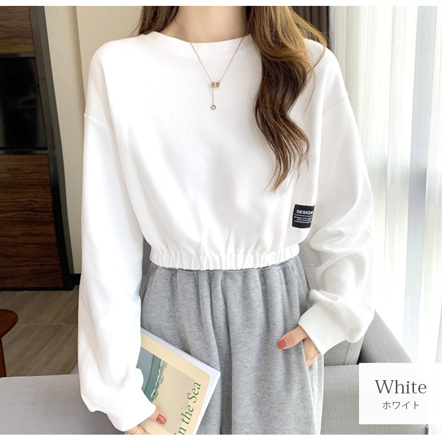 ショート丈トップス ドロップショルダー へそ出し ワンポイント 長袖