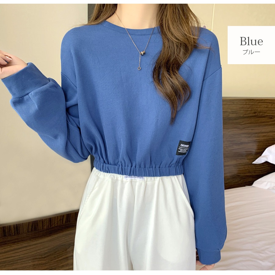 ショート丈トップス ドロップショルダー へそ出し ワンポイント 長袖 クルーネック ウエストゴム 大人 コットン おしゃれ カジュアル シンプル かわいい 韓国 レディース 春夏秋冬 新作 ブラック ホワイト ブルー 黒 白 青 M L JOCOSA 7146