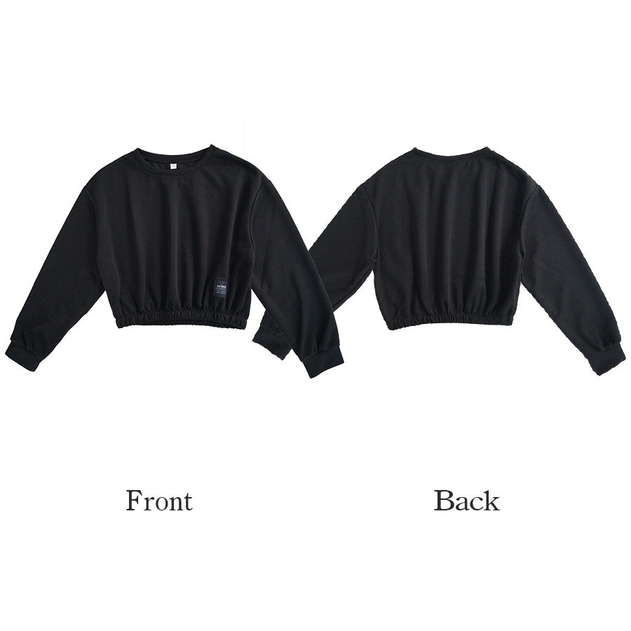 ショート丈トップス ドロップショルダー へそ出し ワンポイント 長袖 クルーネック ウエストゴム 大人 コットン おしゃれ カジュアル シンプル かわいい 韓国 レディース 春夏秋冬 新作 ブラック ホワイト ブルー 黒 白 青 M L JOCOSA 7146