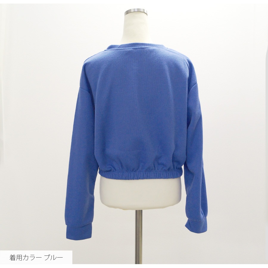 ショート丈トップス ドロップショルダー へそ出し ワンポイント 長袖 クルーネック ウエストゴム 大人 コットン おしゃれ カジュアル シンプル かわいい 韓国 レディース 春夏秋冬 新作 ブラック ホワイト ブルー 黒 白 青 M L JOCOSA 7146