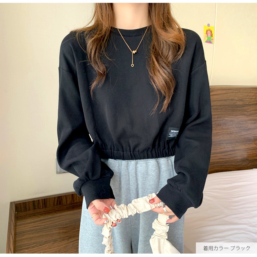 ショート丈トップス ドロップショルダー へそ出し ワンポイント 長袖 クルーネック ウエストゴム 大人 コットン おしゃれ カジュアル シンプル かわいい 韓国 レディース 春夏秋冬 新作 ブラック ホワイト ブルー 黒 白 青 M L JOCOSA 7146